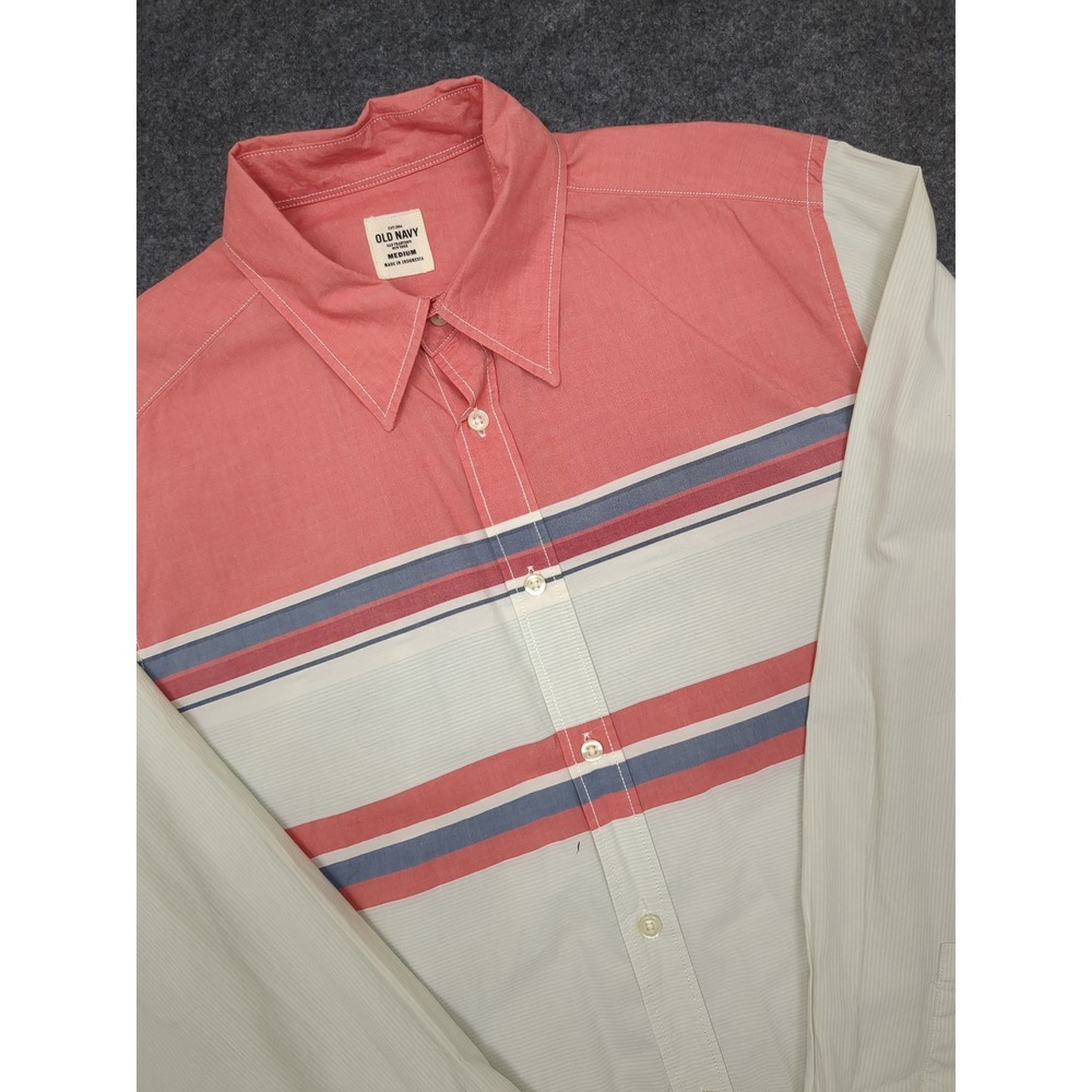 Old Navy‎ Mens Medium Striped Long Sleeve Button Down Shirt Salmon Red